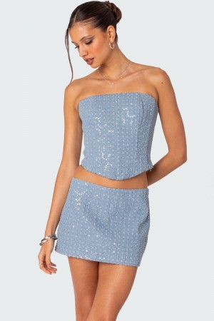 Edikted Icing sequined denim Corset Light Blue | USA PN985648F4