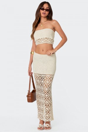 Edikted Ida Back Slit Crochet Maxi Skirts Cream | USA TT183658G9
