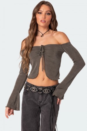 Edikted Ilana Gathered Front Long Sleeve Tops Olive | USA TN340174G3