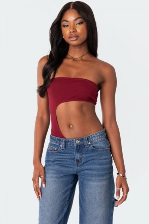 Edikted Indy Asymmetric Cut Out Bodysuit Burgundy | USA DH860196Y2