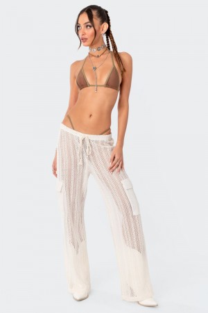 Edikted Ines Crochet Low Rise Cargo Pants Cream | USA OQ567996A3