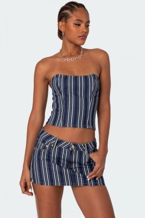 Edikted Inez Striped Denim Corset Strapless Tops Mix | USA NN073687P7