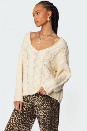Edikted Inga Oversized Cable Knit Sweater Long Sleeve Tops Cream | USA LC332793F7