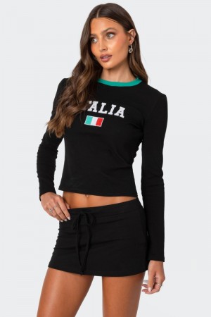 Edikted Italy Long Sleeve T Shirt Graphic Tops Black | USA YZ559895M4