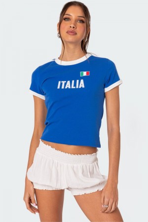 Edikted Italy T Shirt Graphic Tops Blue | USA IX895519U0