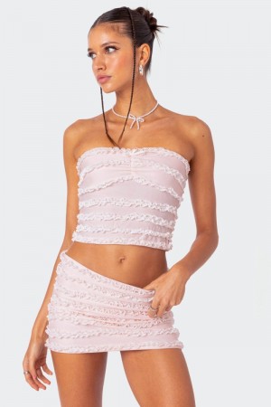 Edikted Izzy Ruffled Strapless Strapless Tops Light Pink | USA YL615331X5