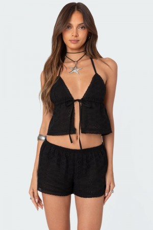 Edikted Jael Tie Front Eyelet Halter Crop Tops Black | USA UW166166S0
