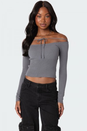 Edikted Jane Tie Front Knit Long Sleeve Tops Gray | USA LF665316A1