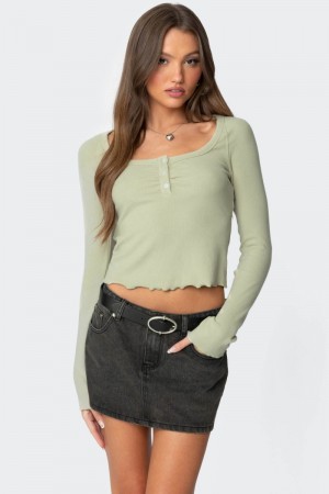 Edikted Jayde Ribbed Henley Long Sleeve Tops Sage | USA MW632113D3