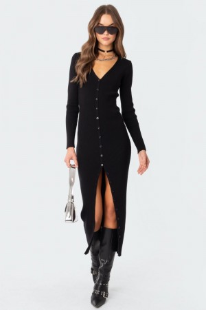 Edikted Jazlyn Knitted Button Up Maxi Long Sleeve Dress Black | USA YB313561Q9