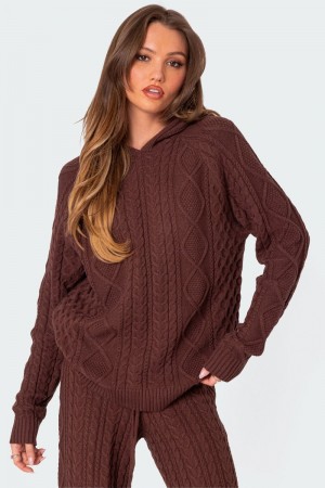 Edikted Jelena Cable Knit Hoodie Long Sleeve Tops Brown | USA RD655225V7