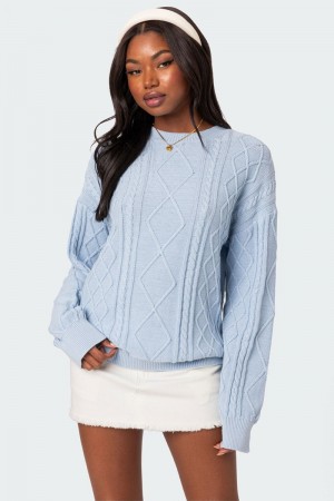 Edikted Jessy Cable Knit Oversized Sweater Blue | USA IW425512R4