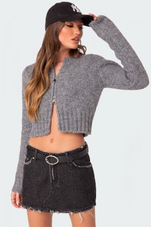 Edikted Jillian Double Zip Cardigan Dark Gray Melange | USA WD561996R9