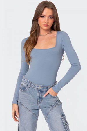 Edikted Joanna Square Neck Bodysuit Long Sleeve Tops Light Blue | USA NG499959M1
