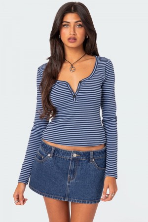 Edikted Jocelyn Striped Long Sleeve Tops Blue | USA MC298599M6