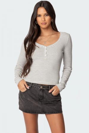 Edikted Jocelyn Striped Long Sleeve Tops Blue | USA OQ739783S1