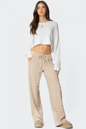 Edikted Jona Stripey Slit Pants Beige | USA AF630633U6