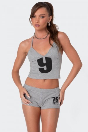 Edikted Jordan V Neck Halter Graphic Tops Gray Melange | USA EL995389L3