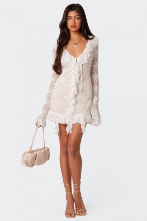 Edikted Josephine Ruffle Lace Mini Long Sleeve Dress Cream | USA CP605860Y3
