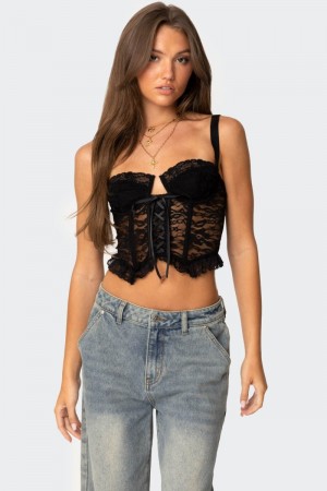 Edikted Josslyn Sheer Lace Corset Crop Tops Black | USA FX870077I5