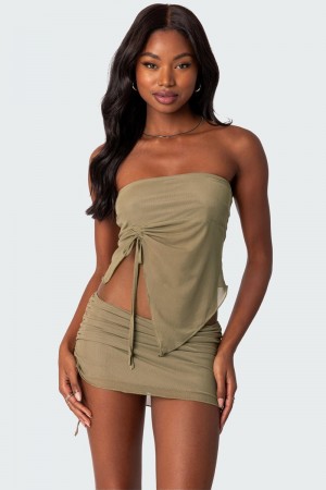 Edikted Joy Asymmetric Sheer Mesh Tube Strapless Tops Olive | USA LI904130B5