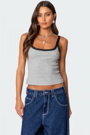 Edikted Jude Lacey Ribbed Tank Top Gray Melange | USA CC903510M9