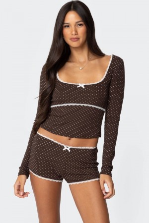 Edikted Juliana Polka Dot Ribbed Long Sleeve Tops Brown | USA HZ181438F2