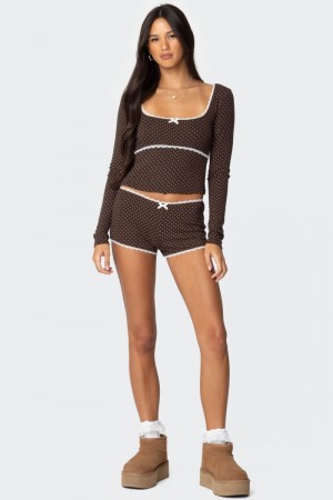 Edikted Juliana Polka Dot Ribbed Shorts Brown | USA PY517811O2