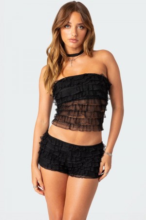 Edikted Julianna Sheer Ruffle Tube Strapless Tops Black | USA TI574317A0