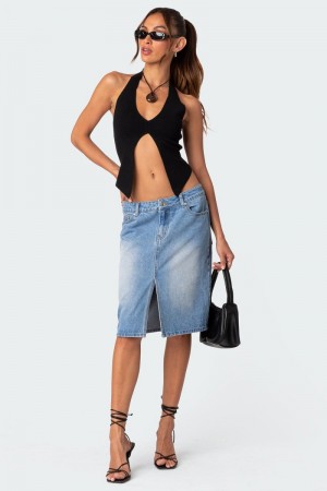 Edikted Junia Slitted Denim Midi Skirts Blue Washed | USA VW004850T0