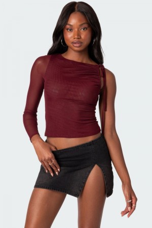 Edikted Jupiter One Shoulder Mesh Long Sleeve Tops Burgundy | USA XZ193959X5