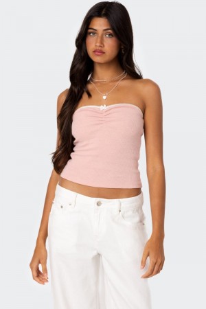 Edikted Kacey Strapless Waffle Strapless Tops Dark Blue | USA EW561826T9