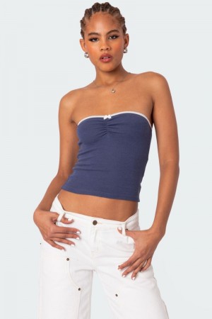 Edikted Kacey Strapless Waffle Strapless Tops Dark Blue | USA MO118861I1
