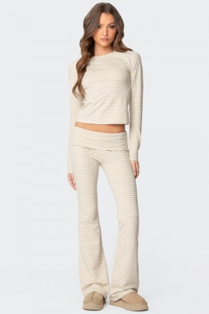 Edikted Kaeli Stripey Flared Leggings Pants Beige | USA KT433473S4