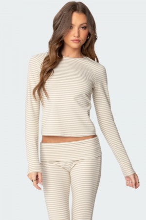 Edikted Kaeli Stripey Long Sleeve Tops Beige | USA BP351415F9