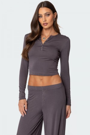 Edikted Kait Henley Long Sleeve Tops Gray | USA WD089908G2