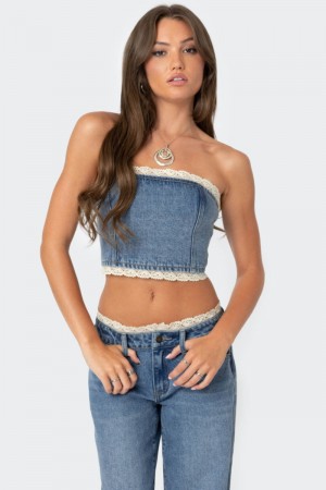 Edikted Karlie Lace Trim Denim Tube Crop Tops Blue | USA UL831443U2