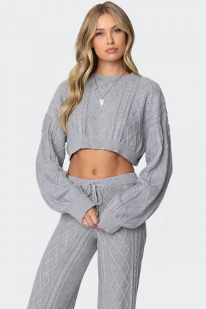 Edikted Kasey Cable Knit Cropped Sweater Gray Melange | USA XR986158Z7