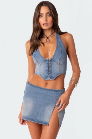 Edikted Katrina Lace Up Denim Corset Crop Tops Black Washed | USA CG830263F2
