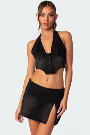 Edikted Katrina Lace Up Denim Corset Crop Tops Black Washed | USA GV749104G3