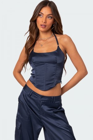 Edikted Kelsey Satin Lace Up Corset Navy | USA AH289478J5