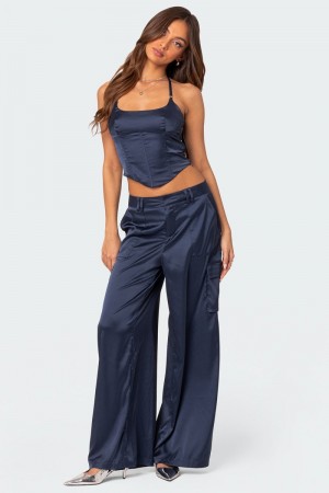 Edikted Kelsey Satin Trousers Pants Navy | USA CO033643R4