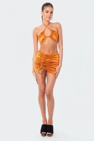 Edikted Kendra Satin Drawstring Mini Skirts Bronze | USA ZT411961Y9