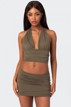 Edikted Kenya Gathered Halter Crop Tops Olive | USA RW590999Z4