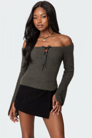 Edikted Keyhole Off Shoulder Ribbed Knitted Tops Gray | USA EZ645054X1