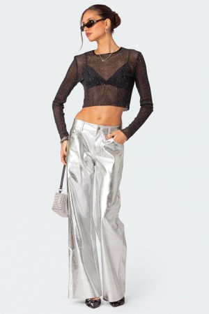 Edikted Kim Metallic Faux Leather Pants Jeans Silver | USA CE131053T1