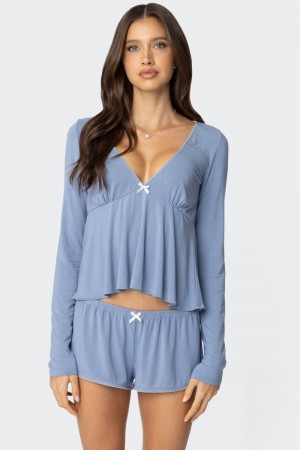 Edikted Kimia Babydoll Long Sleeve Tops Blue | USA AG597469D1