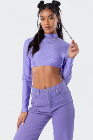 Edikted Kimmy Shiny Crop Tops Purple | USA XZ800610R9