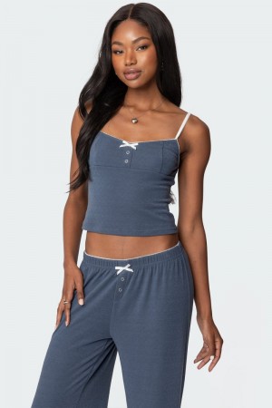 Edikted Kleo Pointelle Henley Tank Top Navy | USA CQ734333U8