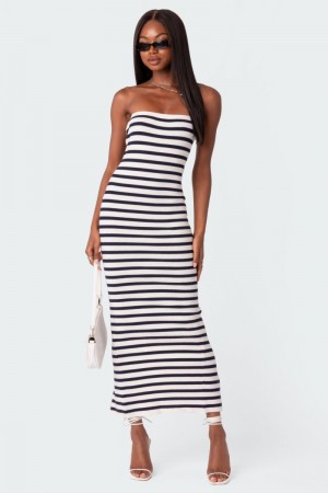 Edikted Knit Back Slitted Maxi Dress LBD Black And White | USA QG487988E7